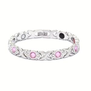 Silver Magnetic Therapy Bracelet With Pink And White Zircon